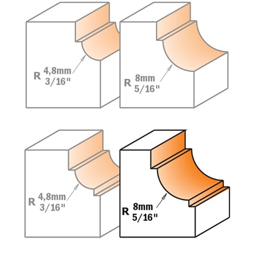 CMT Cavetto Edge Moulding Bit for Dual Fillets 8mm Radius 1/4