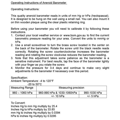Carbatec 90mm Barometer Insert