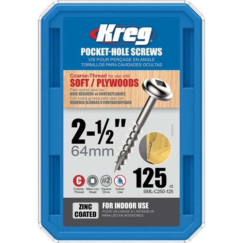 Kreg Pocket Hole Screws - 64mm Coarse/MaxiLoc Head - Zinc - 125 pack